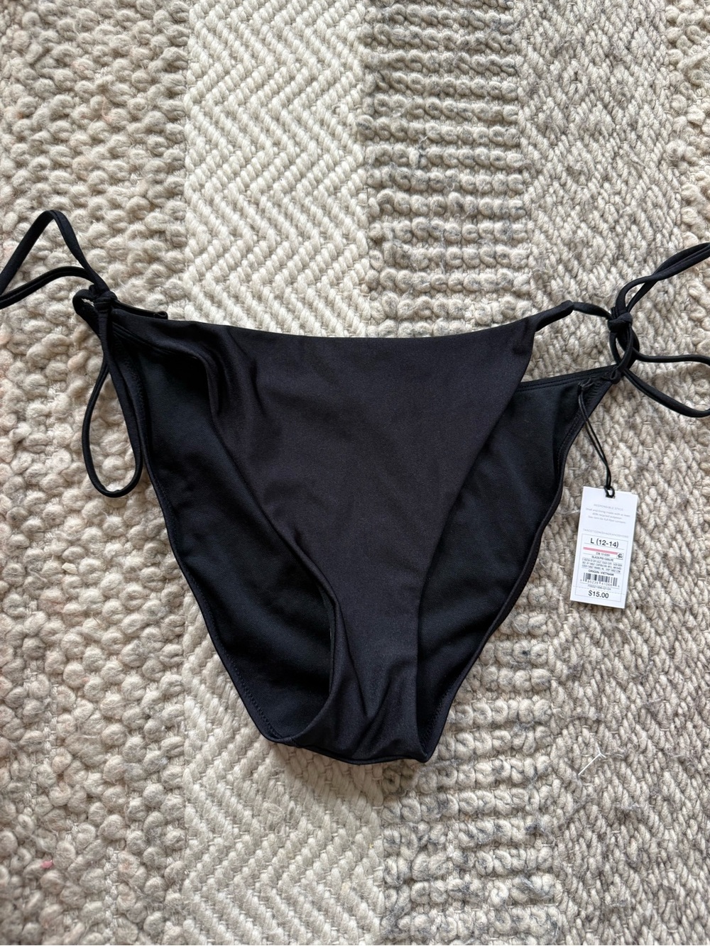 Shade & Shore Black Tie-Side Bikini Bottom large 12/14 low rise, high leg cheeky